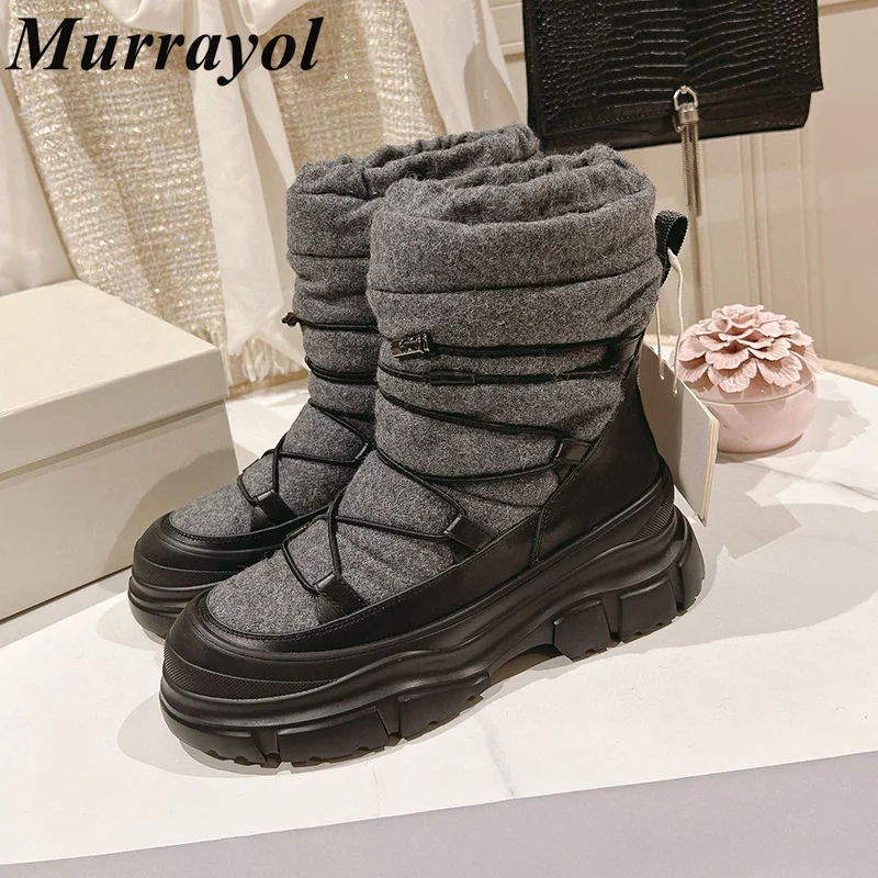 New Round Toe T-tied Keep Warm Short Botas Women Mixed Colors Thick Bottom Snow Boots Winter Waterproof Platform Ski Boots