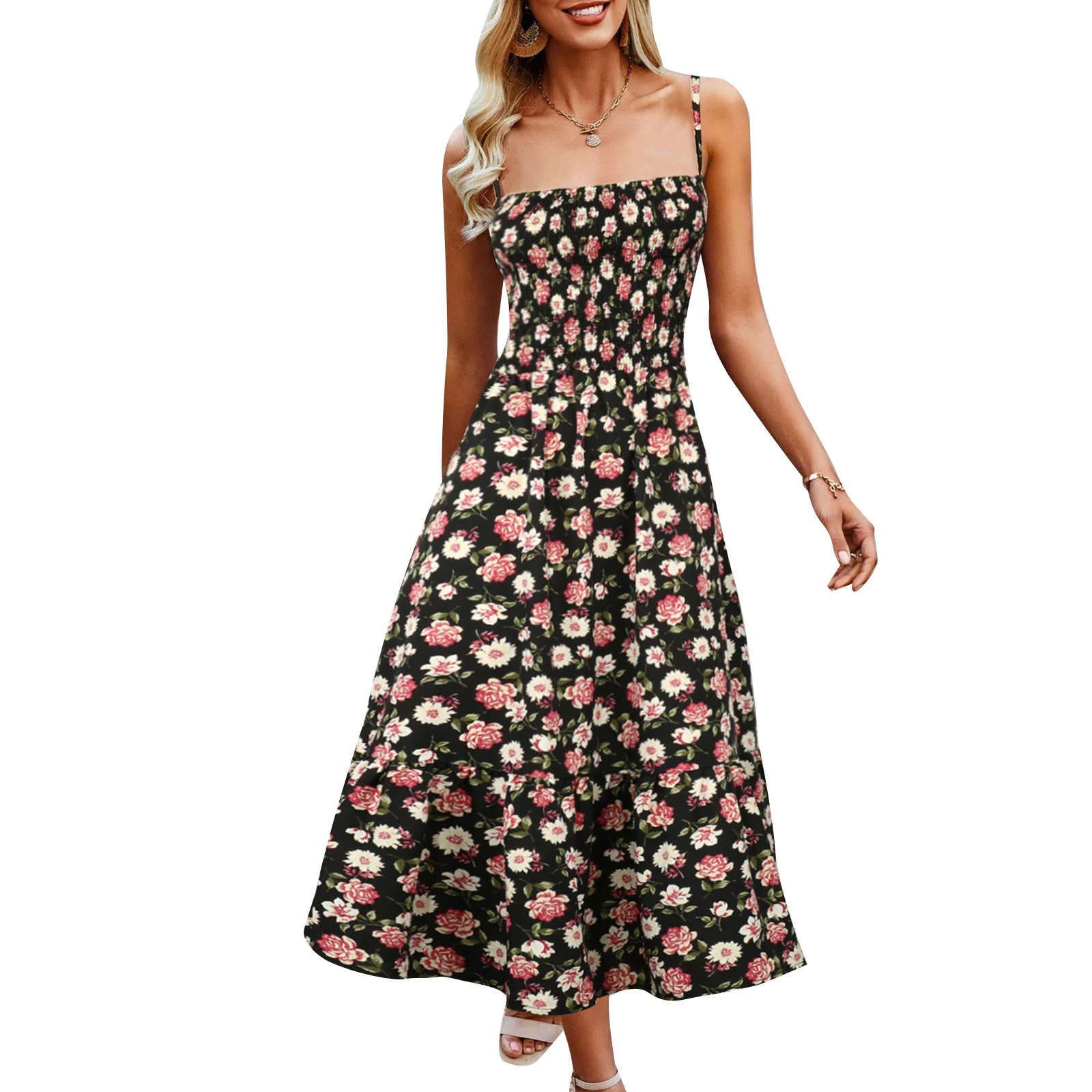 

Women Slip Dress Spaghetti Straps Floral Print Swing Dress Long Summer Dress for Daily Party Club 2023 New Holiday Streetwear