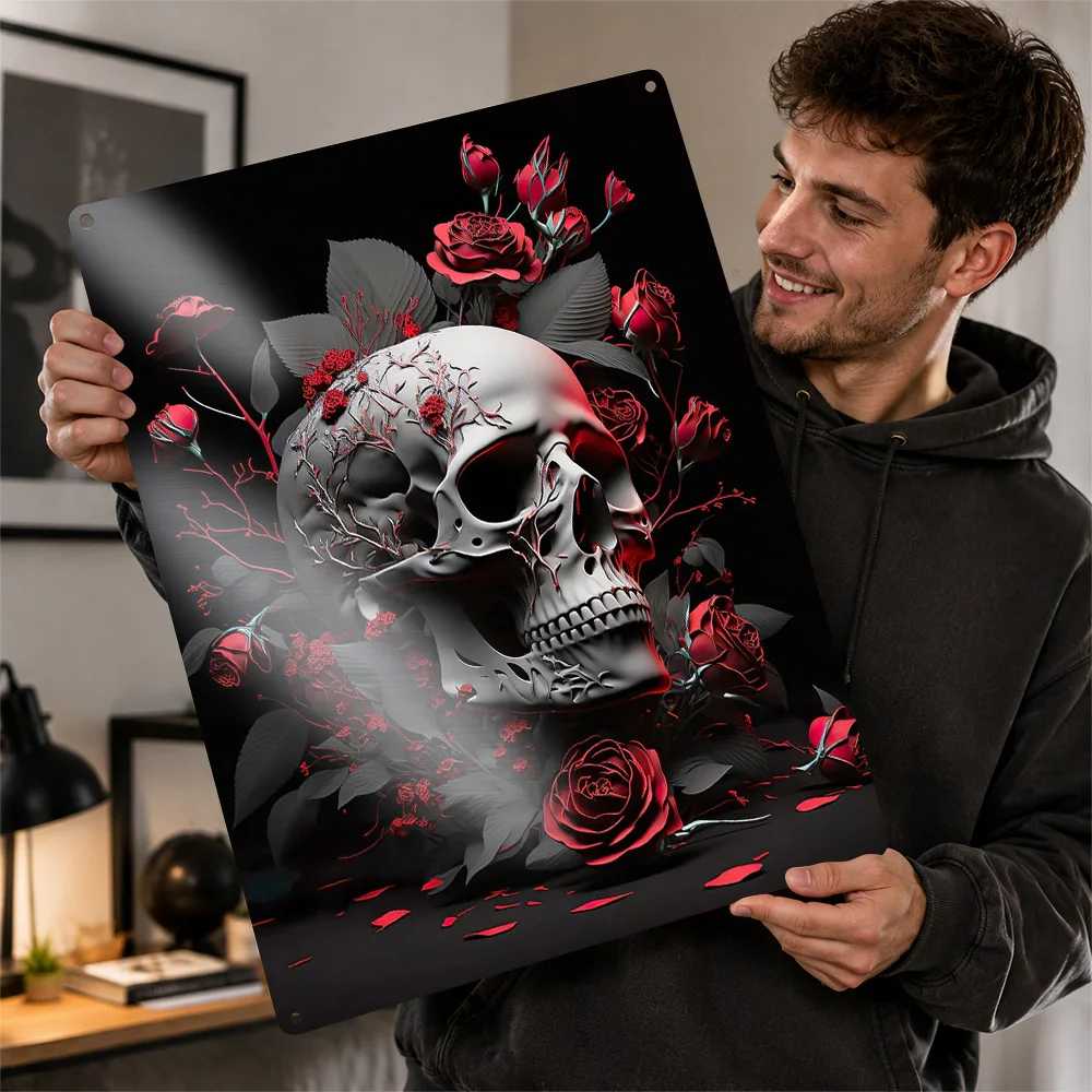 Skull With Red Roses Textured Metal Poster Dark Gothic Wall Art For Gaming Room Customized Aluminum Sign Fantasy Fan Gift Idea