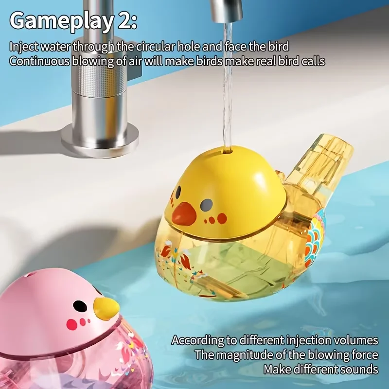 The water bird whistles and can change the sound effect by adjusting the water volume. It doesn't require batteries.