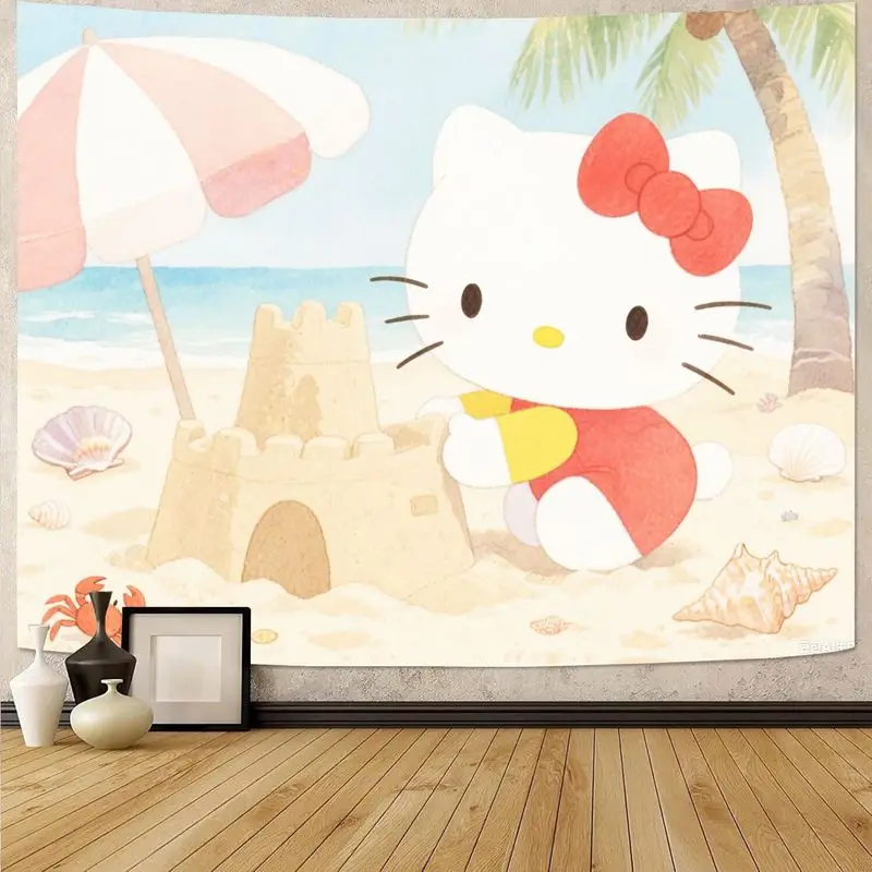 

1PC Cute Kitty Beach Tapestry Cute Cat Sandcastle Art Polyester Wall Décor for Living Room Bedroom Gift for Cat Lovers