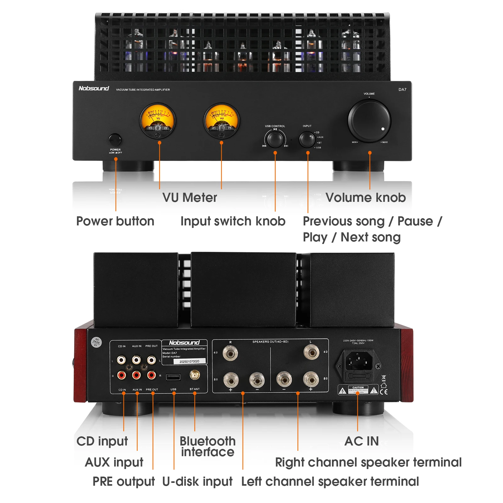 Nobsound DA7 HiFi Vacuum Tube Amplifier Bluetooth Receiver Stereo Home Audio Amp USB DAC with VU Meters