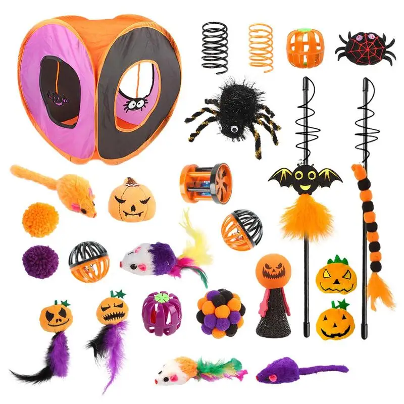 

Kitten Starter Kit Bundle Interactive Cat Play Tunnel Toy Set Halloween Cat Feather Wand Ball Spring Mice Toys Folding Square