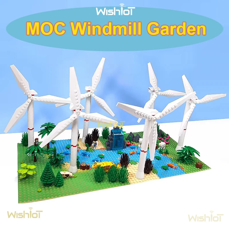 

MOC Windmill Garden Animal Model Building Blocks Assembled Wind Power Station Scene Botanical Gardens River Floor Toys Bricks