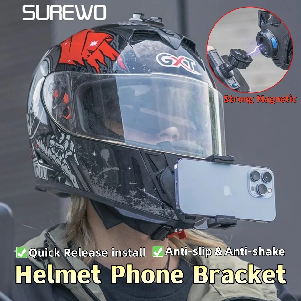 

SUREWO Magnetic Quick Release Motorcycle Helmet Jaw Strap Mobile Phone Holder Bracket for iPhone 15 Samsung Huawei Outdoor Shot