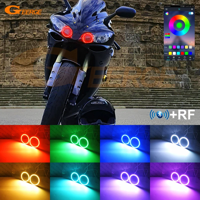 For Yamaha R1 YZF-R1 2004 2005 2006 2007 2008 RF Remote BT App Multi-Color Ultra Bright RGB LED Angel Eyes Kit Halo Rings