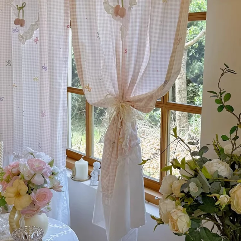 Sweet Pastoral Ruffled Half‑curtain Pink Plaid Tulip Motifs Decorative Window Drape for Bedroom Space Partition Home Decoration