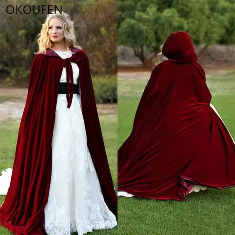 

2022 Velvet Wedding Jackets Vintage Cloak Capes Dark Red Women Long Bridal Coat Cap chaqueta Wedding Accessories Retro