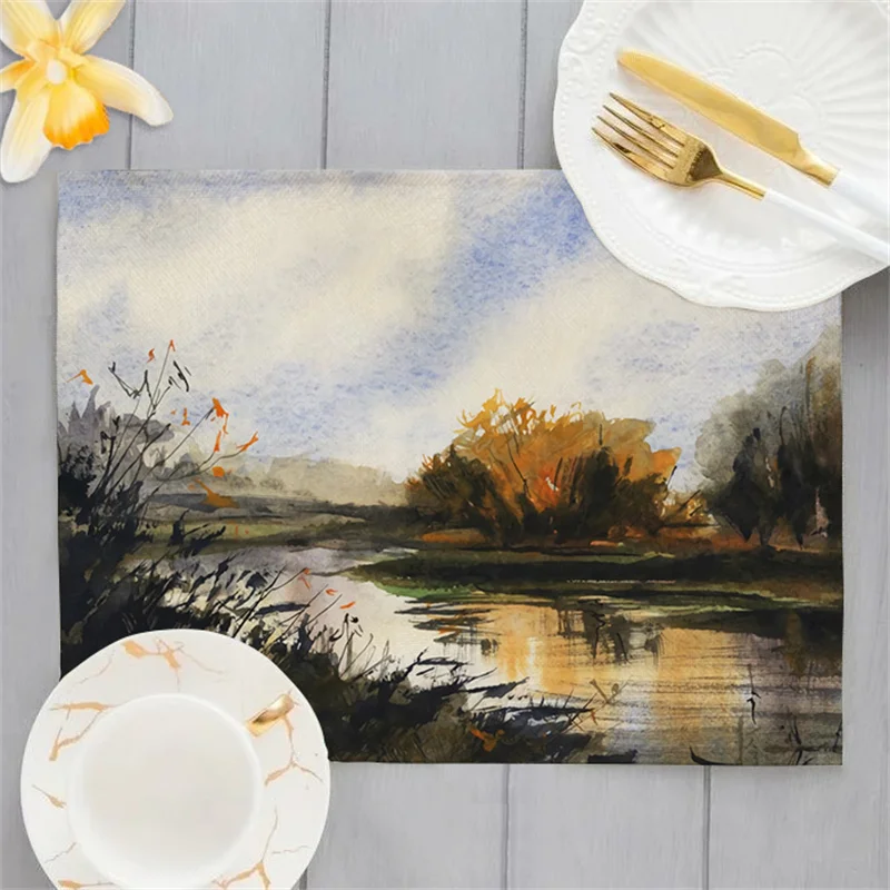 Floral Tree Linen Kitchen Placemat 45x32cm Oil Painting Landscape Dining Table Mat River Lake Scenery Print Coffee Mats Pad