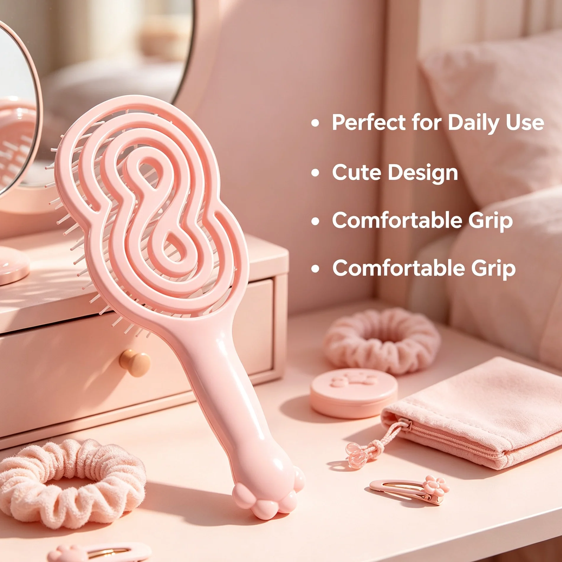 Cute cat-paw cutout smooth hairbrush, featuring a large perforated structure for ventilation and breathability.