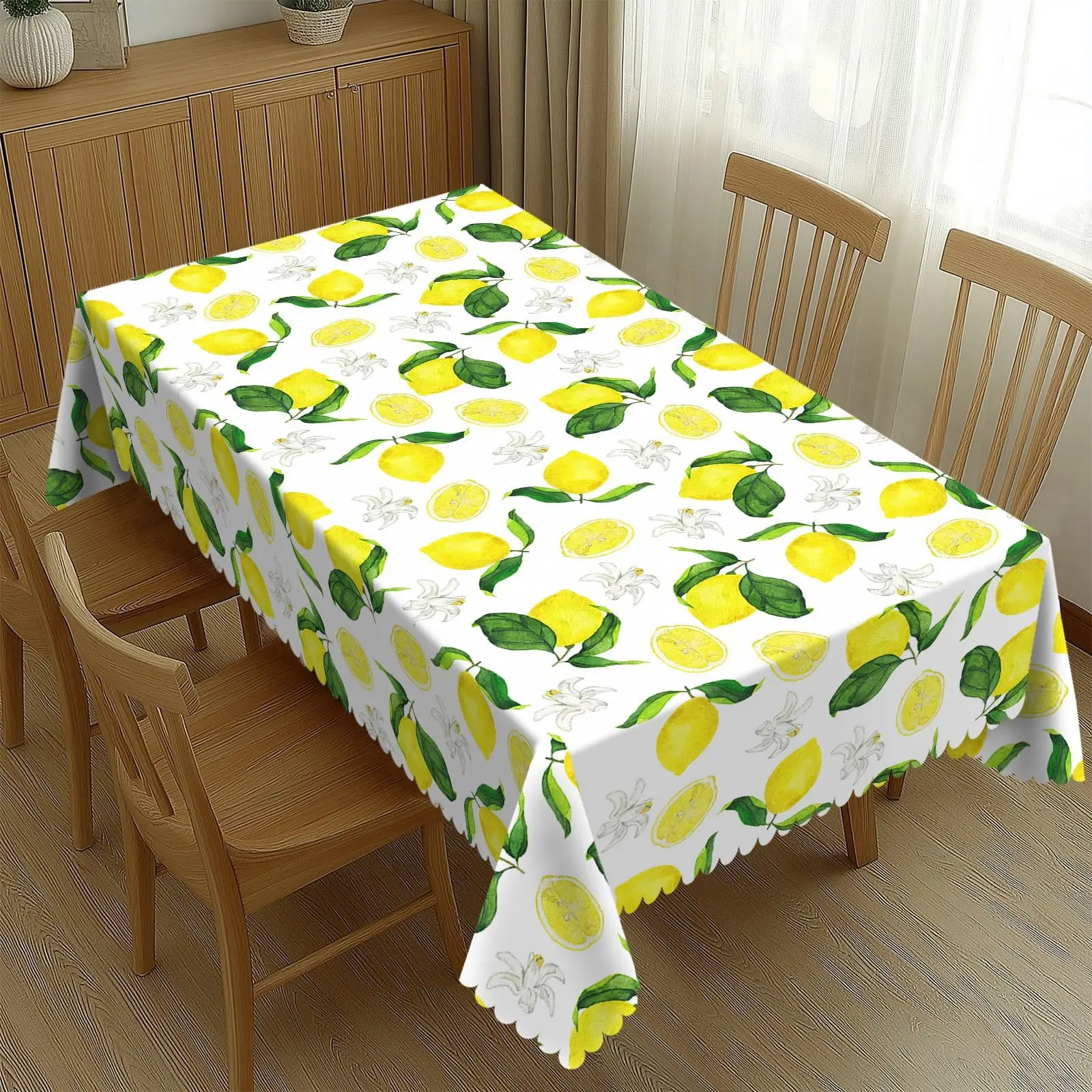 Zitronen-Tischdecke Gelbe Zitronen Blumenmuster Polyester Rechteckige Tischdecke Waschbar Saisonale Tischdecke für Küche Esszimmer Party