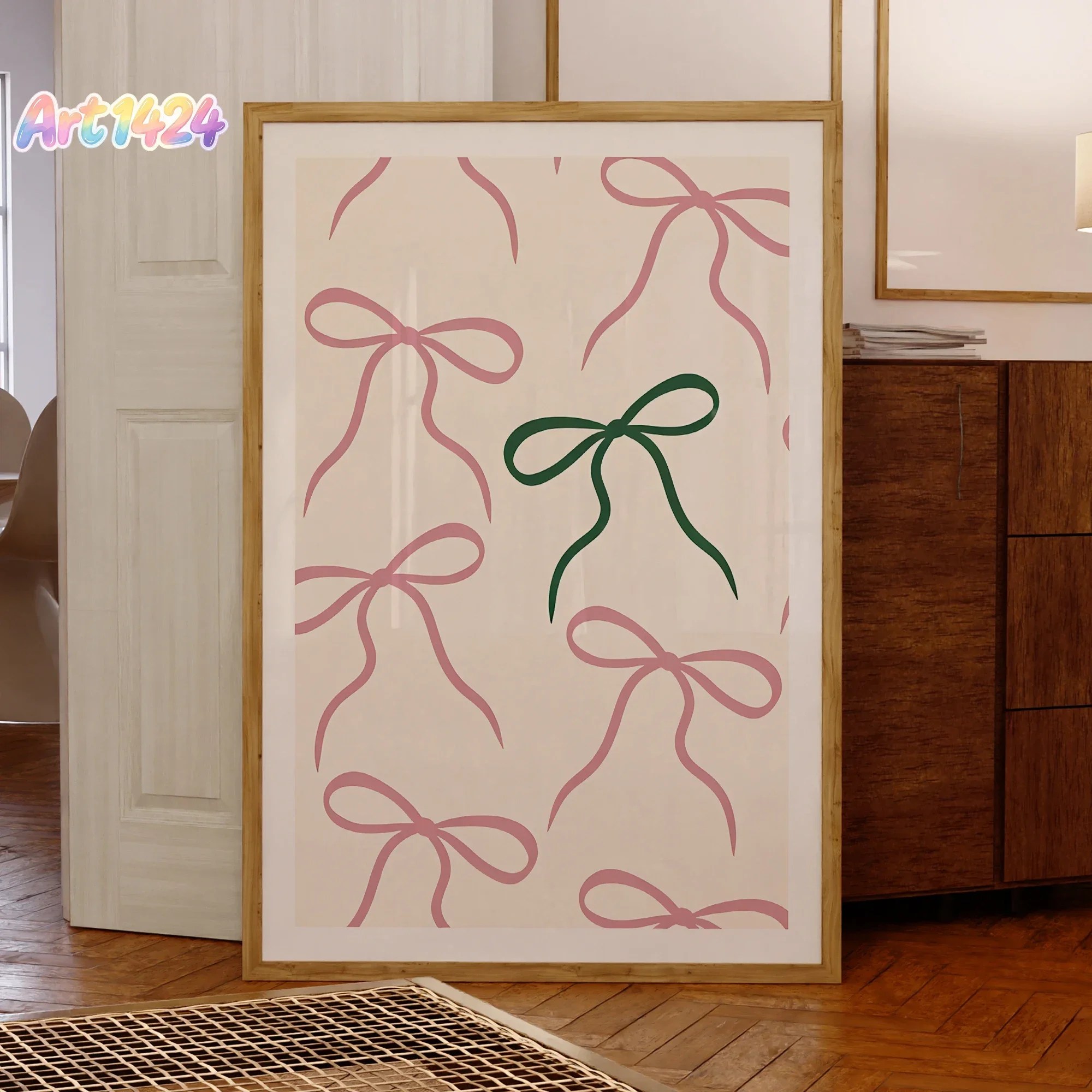 Simple Pink And Green Bow Wall Art Prints Canvas Painting Poster Picture For Living Bed Room Home Decor
