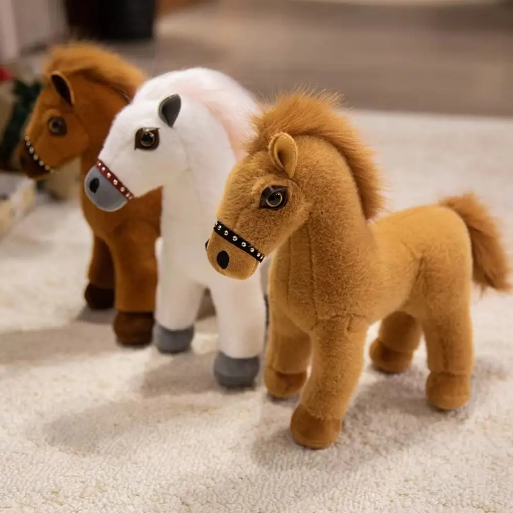 Caballo de peluche de simulación de pie para niños, silla de morena larga, juguetes de Pony, caballo de dibujos animados relleno de algodón PP