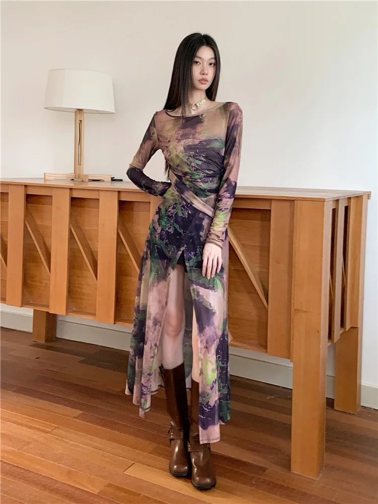 เสื้อตัวยาวพร้อมดีไซน์ผสมผสานสําหรับผู้หญิงในฤดูใบไม้ผลิและฤดูใบไม้ร่วง สไตล์สาวเผ็ด เสื้อยืดคลุมตาข่ายพิมพ์ลายหวานและเย็น