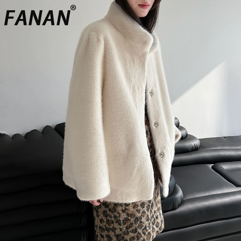 

FANAN толстые теплые пальто из овечьей шерсти для женщин, однобортные офисные женские куртки с длинными рукавами и воротником-стойкой, новинка зимы 2023 г.