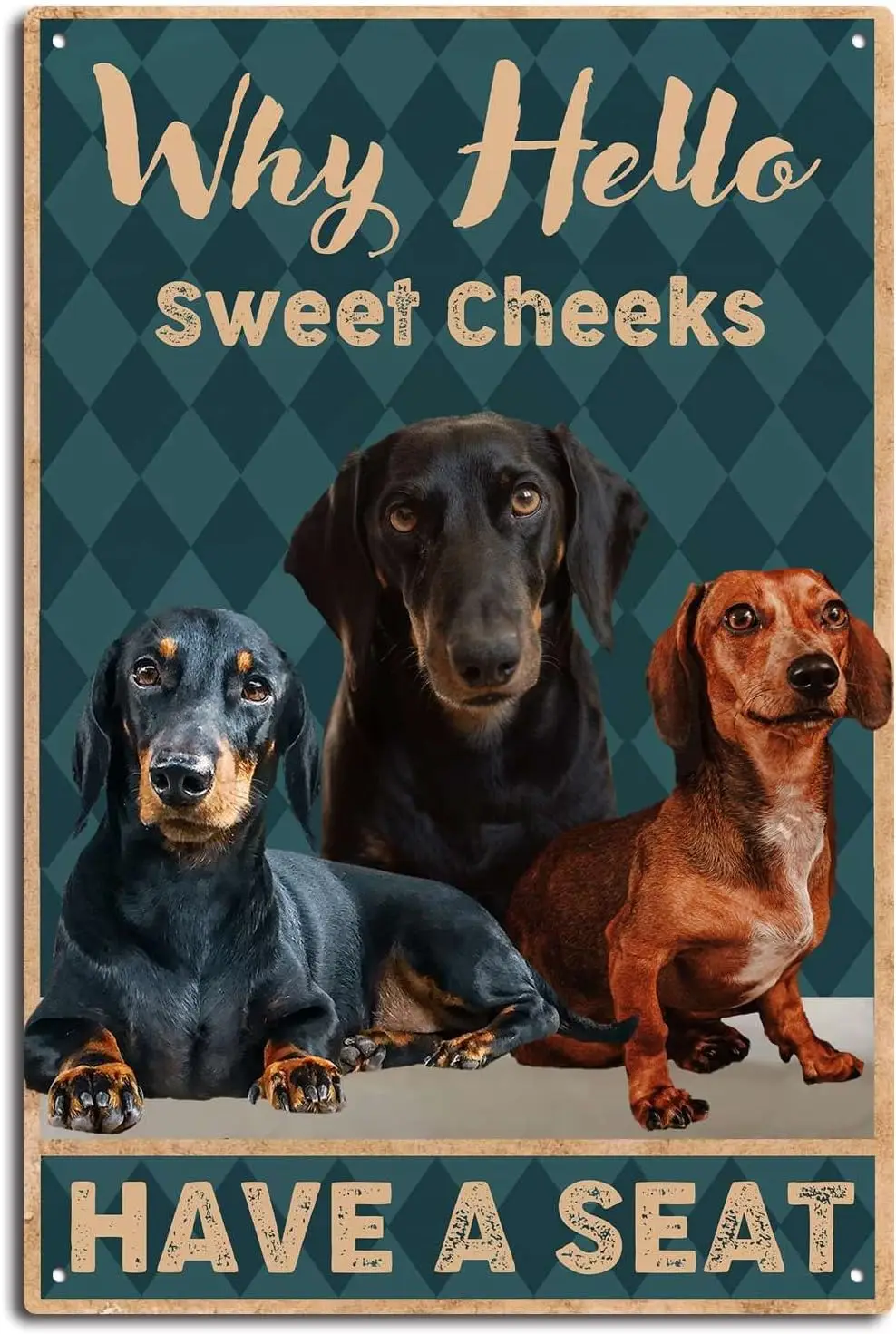 Metal Tin Signs Funny Dachshund Bathroom Signs, Love Dog Signs, Dachshund Signs, Hello Cheeks Have A Seat, Funny Bathroom D sign