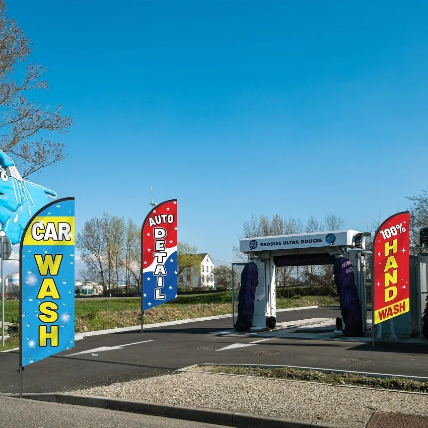 Car Wash Feather Flags 3 Pcs, Auto Detail Hand Wash Advertising Banners for Outdoor Business Promotion, Flag Only
