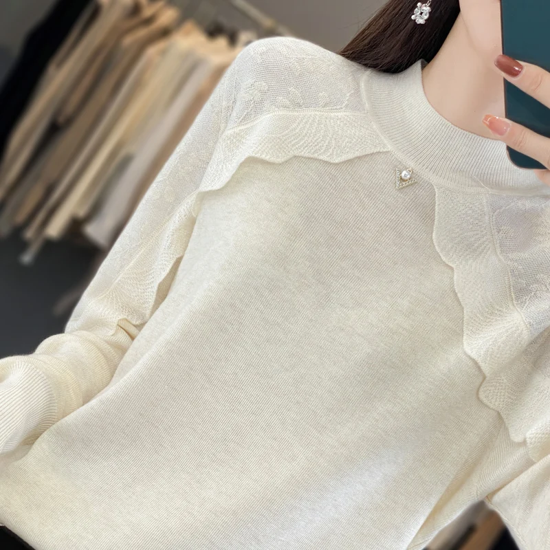 Off white sweater for women with design sense, half high neck base sweater, heavy-duty lace hook flower, autumn and winter women