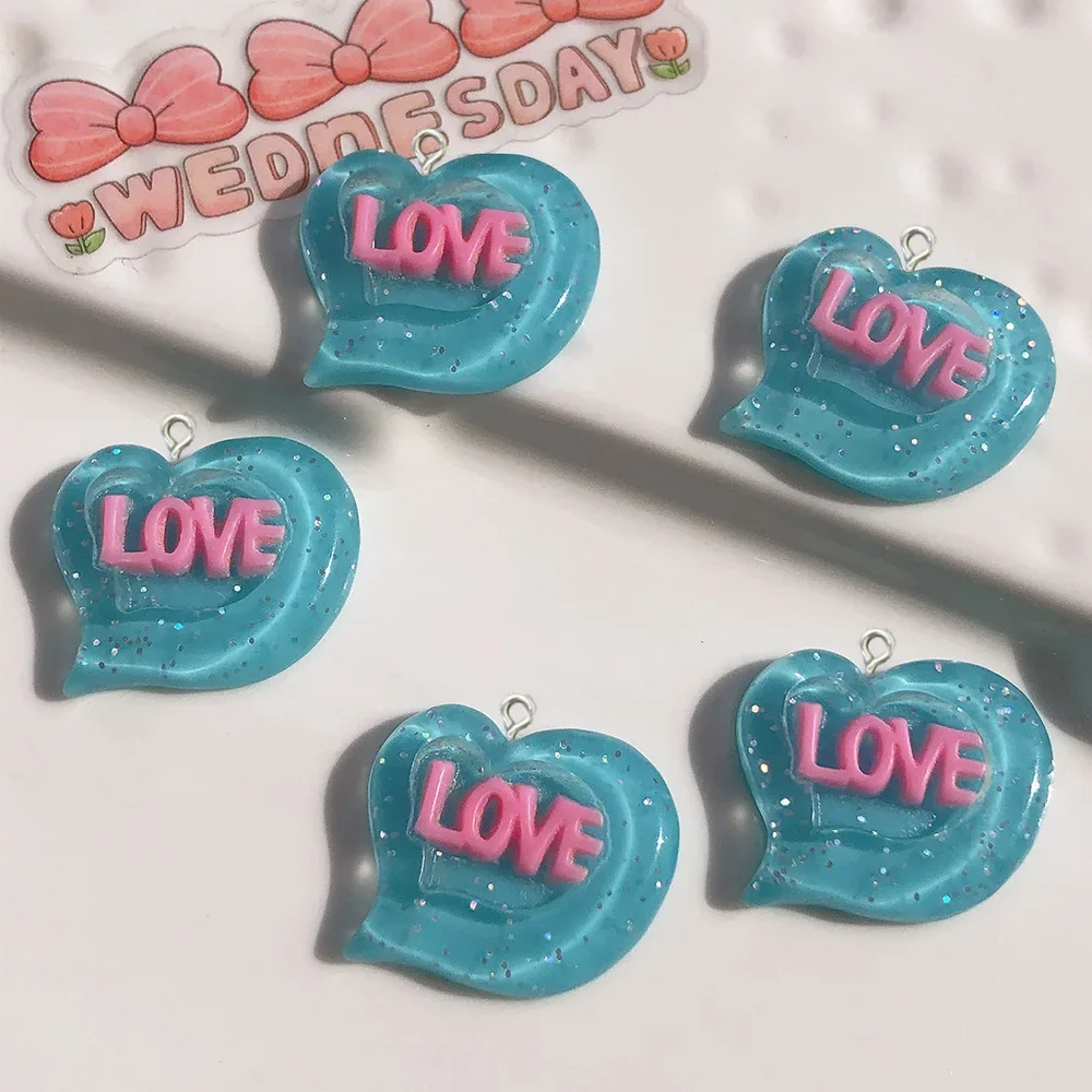 10Pcs New glitter love heart resin charms pendants for jewelry making bracelets necklace earrings accessories flatback cabochon