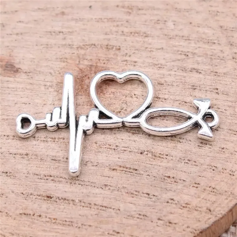 120 Stück antiksilberfarbene Elektrokardiogramm-Stecker, 34 x 19 mm, für Halsketten, Schmuckherstellung, A14246 – Detail 2