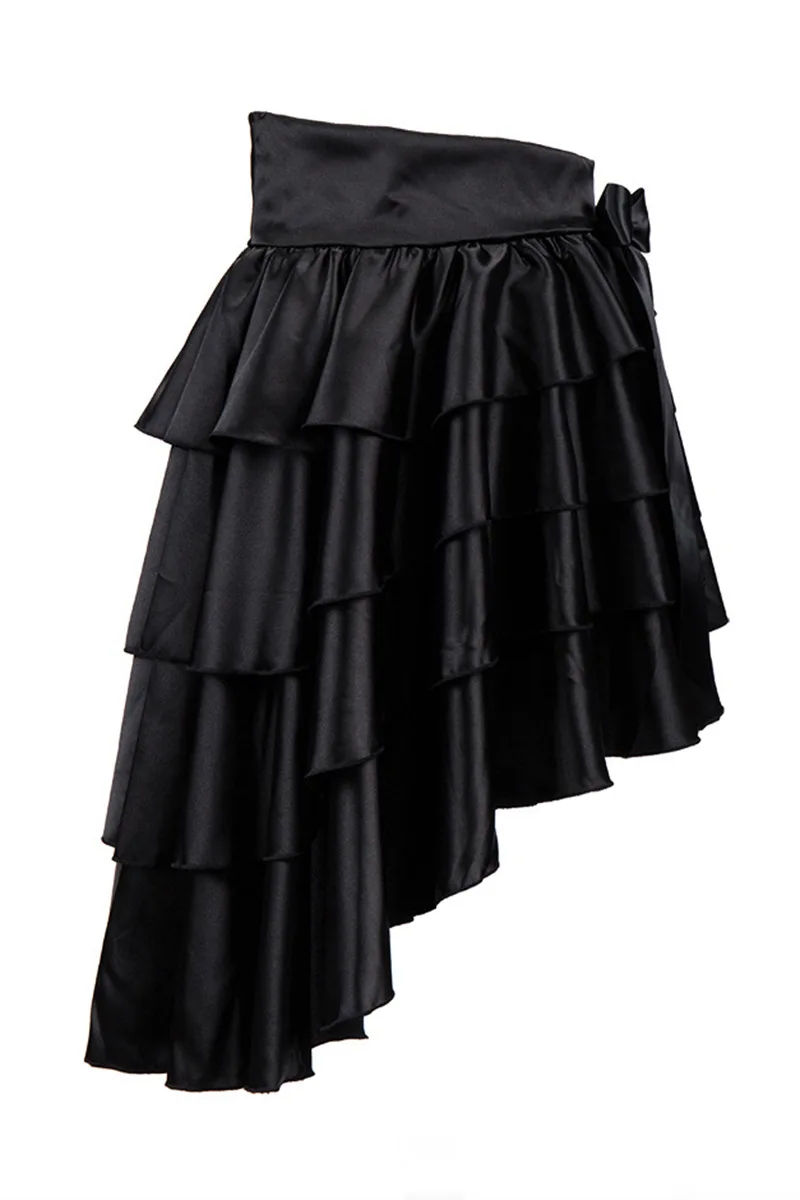 Victorian Black Ruffle Satin Layered Asymmetical Gothic Skirt Women Skirts With Bow Matching Steampunk Corsets and Bustiers