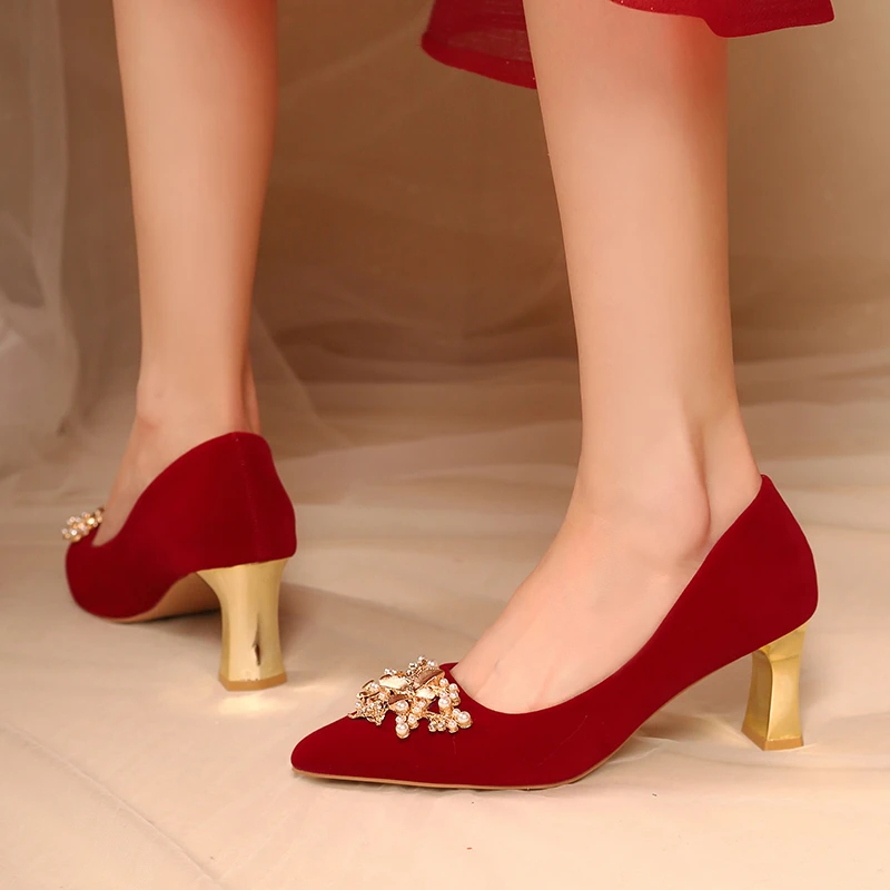 كعب مربع حذا فردي للسيدات 2025 الربيع والخريف جديد أشار تو الجلد المدبوغ زهرة الانزلاق على عدم الانزلاق أحذية الزفاف عالية الكعب #4