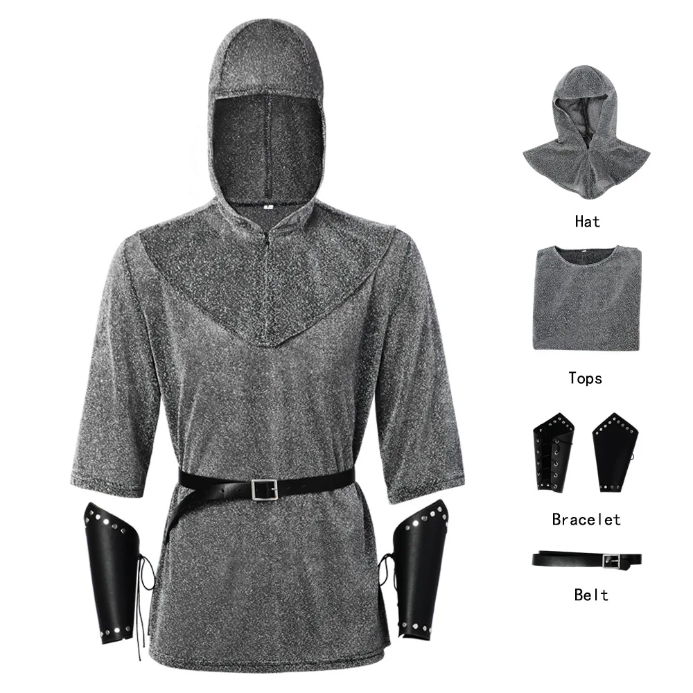 

Anime Renaissance Faux Chain Mail Armor Tunic Shirt Coif Medieval Knight Cowl Crusader Costume Outfit Bracers Waist Belt Set