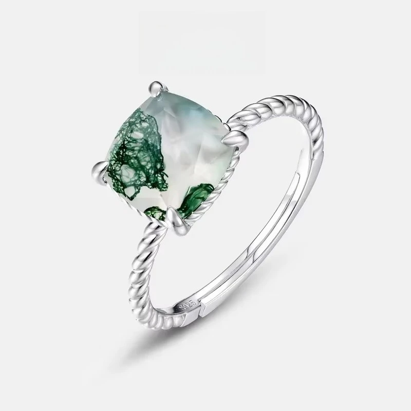 

Twisted Ring Inlaid with Agate Ring S925 Silver Plated 18K Gold PT950 Platinum Natural Green Moss Stone Open Ring
