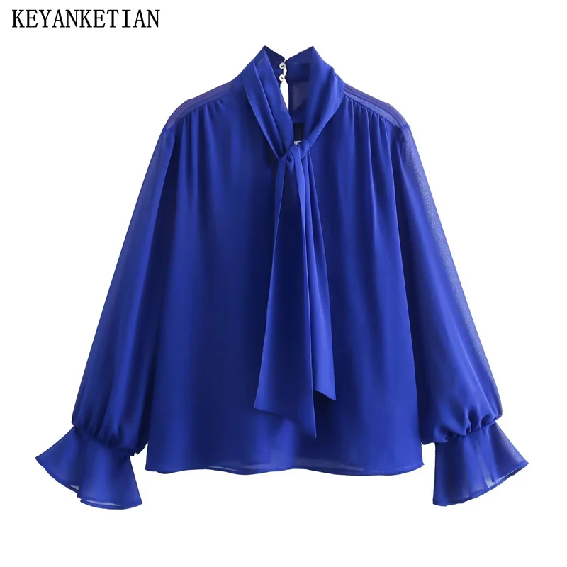 KEYANKETIAN New Launch Women's Tie Decoration Royal Blue Shirt Elegant Office Lady Petal Sleeve Chiffon Blouse Pullover Chemise