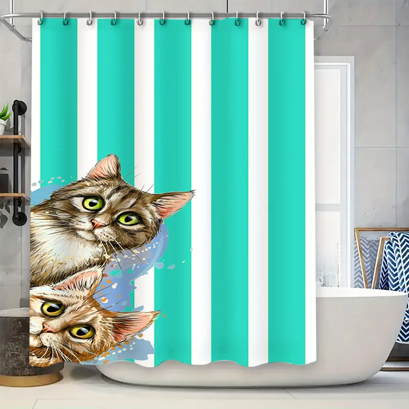 Green Striped Shower Curtain with Feline Print for Bathroom Decor Waterproof Fabric DIY Home Improvement Ideas #21370458698-ALIE