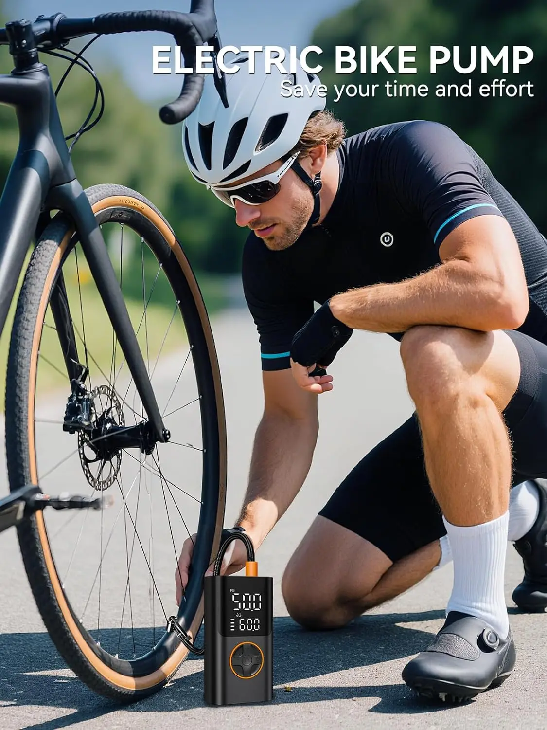 منفاخ إطارات محمول، ضاغط هواء 150 رطل لكل بوصة مربعة مع مقياس وشحن USB للسيارة والدراجة والدراجات النارية والسكوتر والكرة