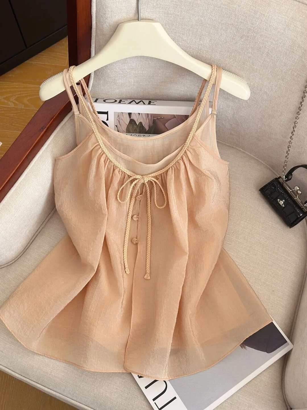 

Korean Style Shoulder Bared Two Piece Set Women's Summer High Grade Unique Sexy Strap Vest Shirt Combo Casual Loose Fit Blouse