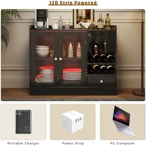Wine Bar Cabinet with Tempered Acrylic Door & Rack, Freestanding Buffet Sideboard with Glass Holder, Coffee Bar Cabinet image 4
