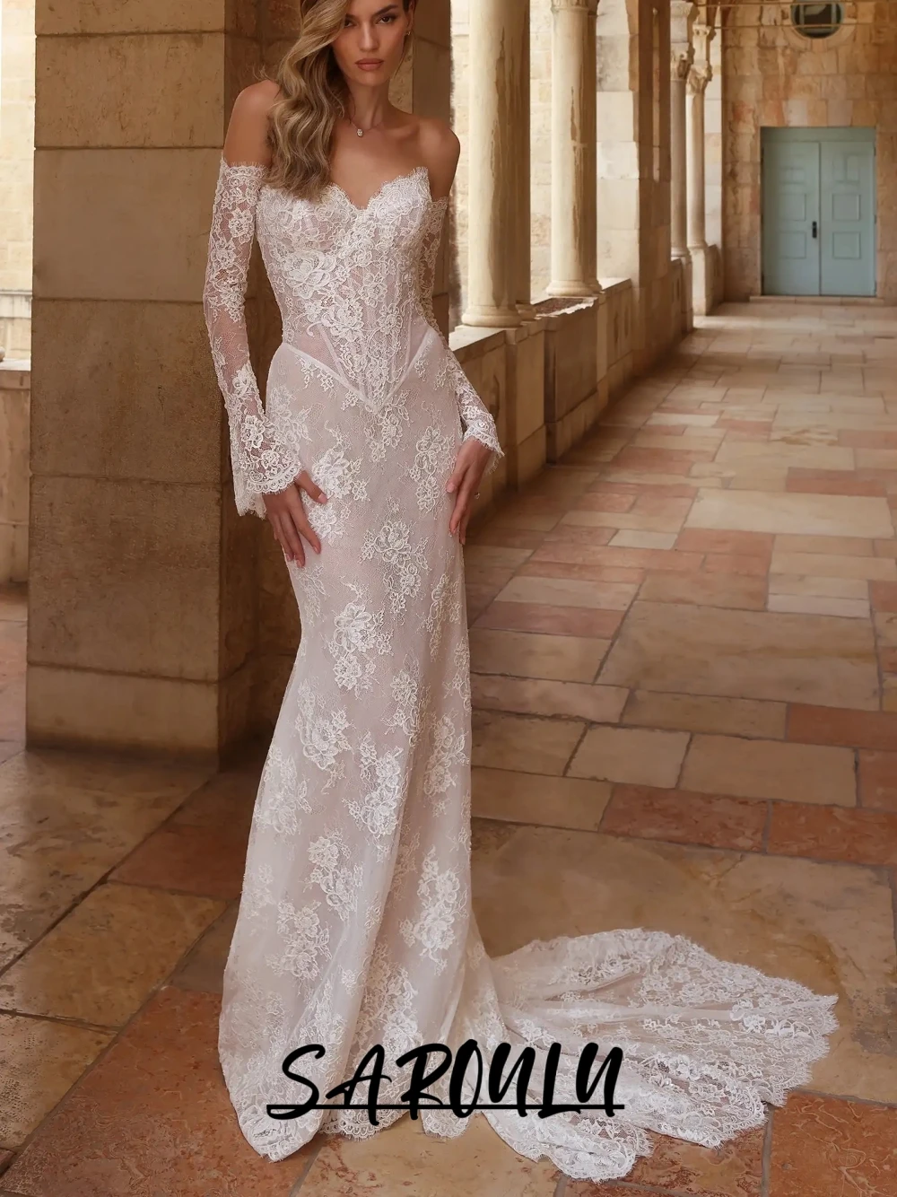 

Sweetheart Neck Mermaid Wedding Dress, Romantic Charming Lace Bridal Gown, Customized Corset Sequined Bride Wear, Off Shoulder