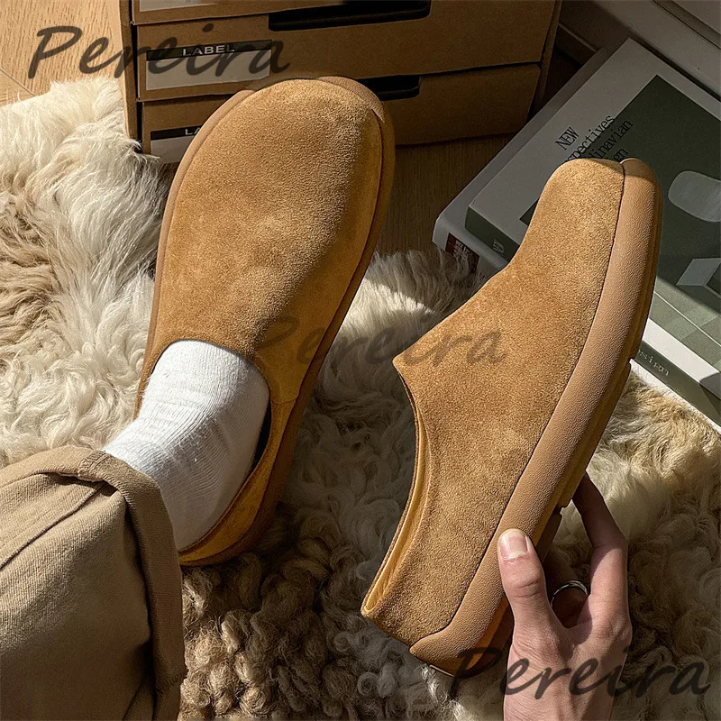 Spring Summer New Suede Casual Shoes for Men Trendy Versatile Solid Round Toe Thick Soled Mules Outdoor Comfortable Flats
