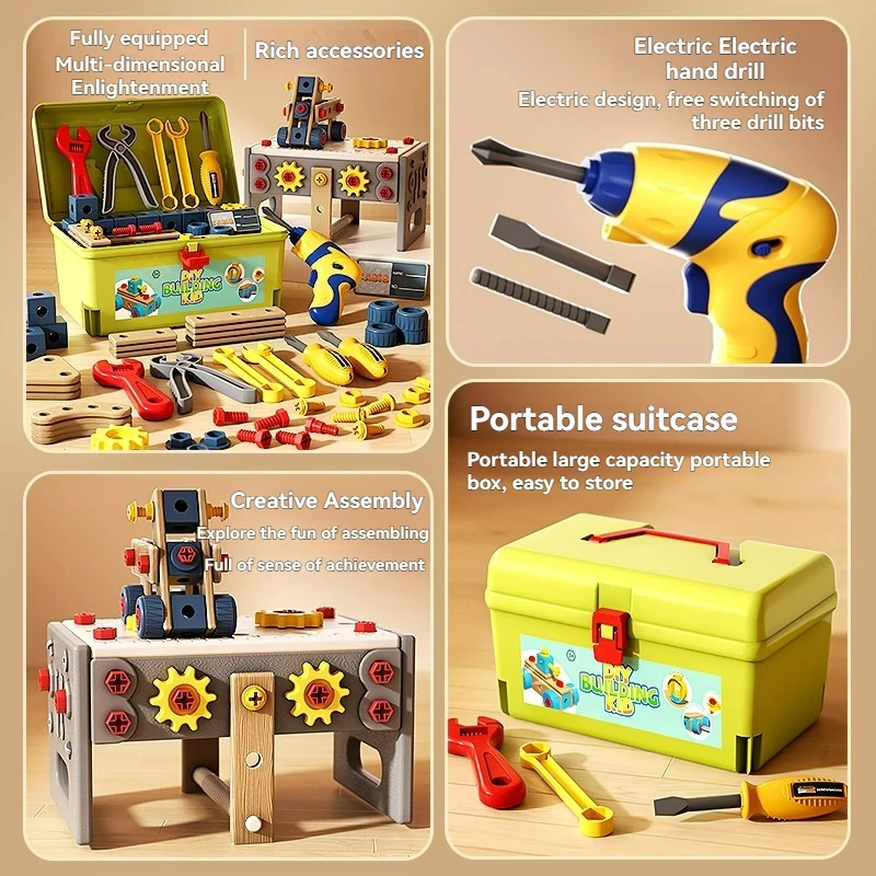 Fai finta di giocare Kit di strumenti di riparazione Cassetta degli attrezzi per bambini con trapano elettrico Sega Cacciavite Chiave Martello Smontare giocattoli educativi