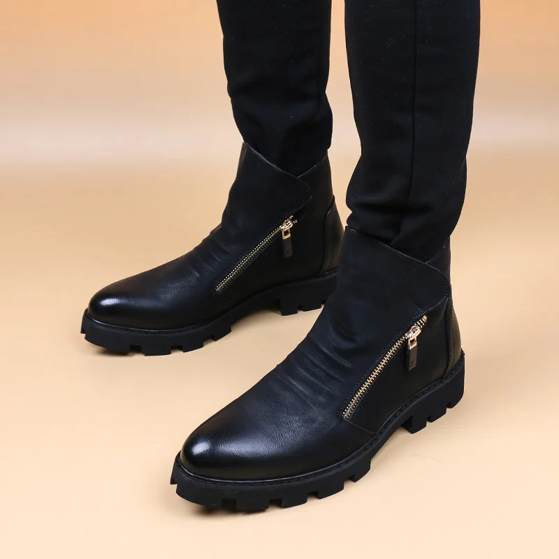 

men's fashion punk rock chelsea boots black trendy natural leather shoes cowboy autumn winter boot designer platform ankle botas