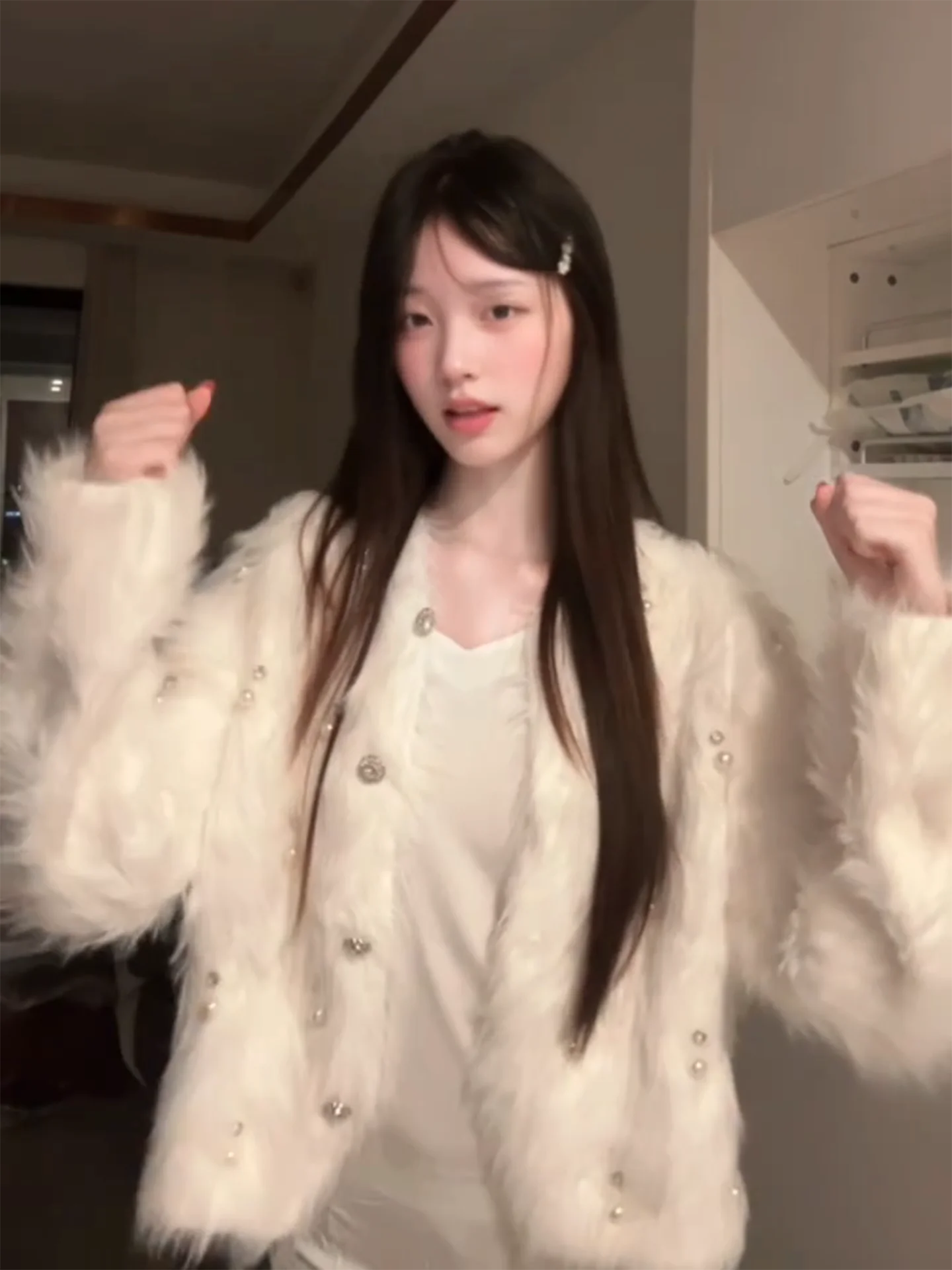 Witte ort Trui Jaet dames Lente Herfst Zachte Pluizige Afslanken Bovenkleding Vest Top Luxe Sle V-ne Lange Sve