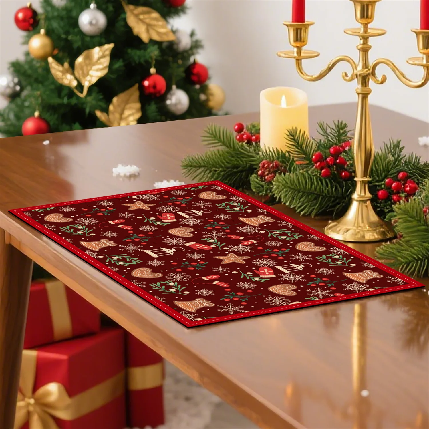 4pcs Snowflake Berry Branch Bell Gingerbread Heart Mitten Christmas Placemats 12x18 Inch Washable Table Mats