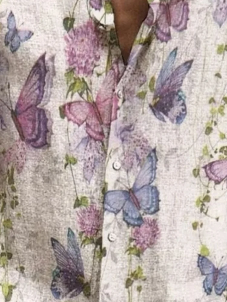 Men's Tops Holiday Trendy Hot Sale Oil Painting Floral & Butterfly Patterned Vintage Art Print Casual Loose Long Sleeve Shirts