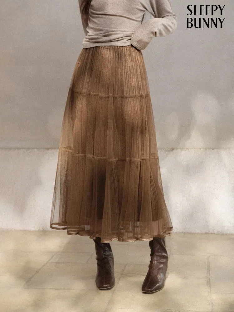 

Elegant Mesh Layered Midi Skirt for Women High Waist A-line Flowy Tulle Skirt Autumn Flattering Style Elastic Waist Volume Hem