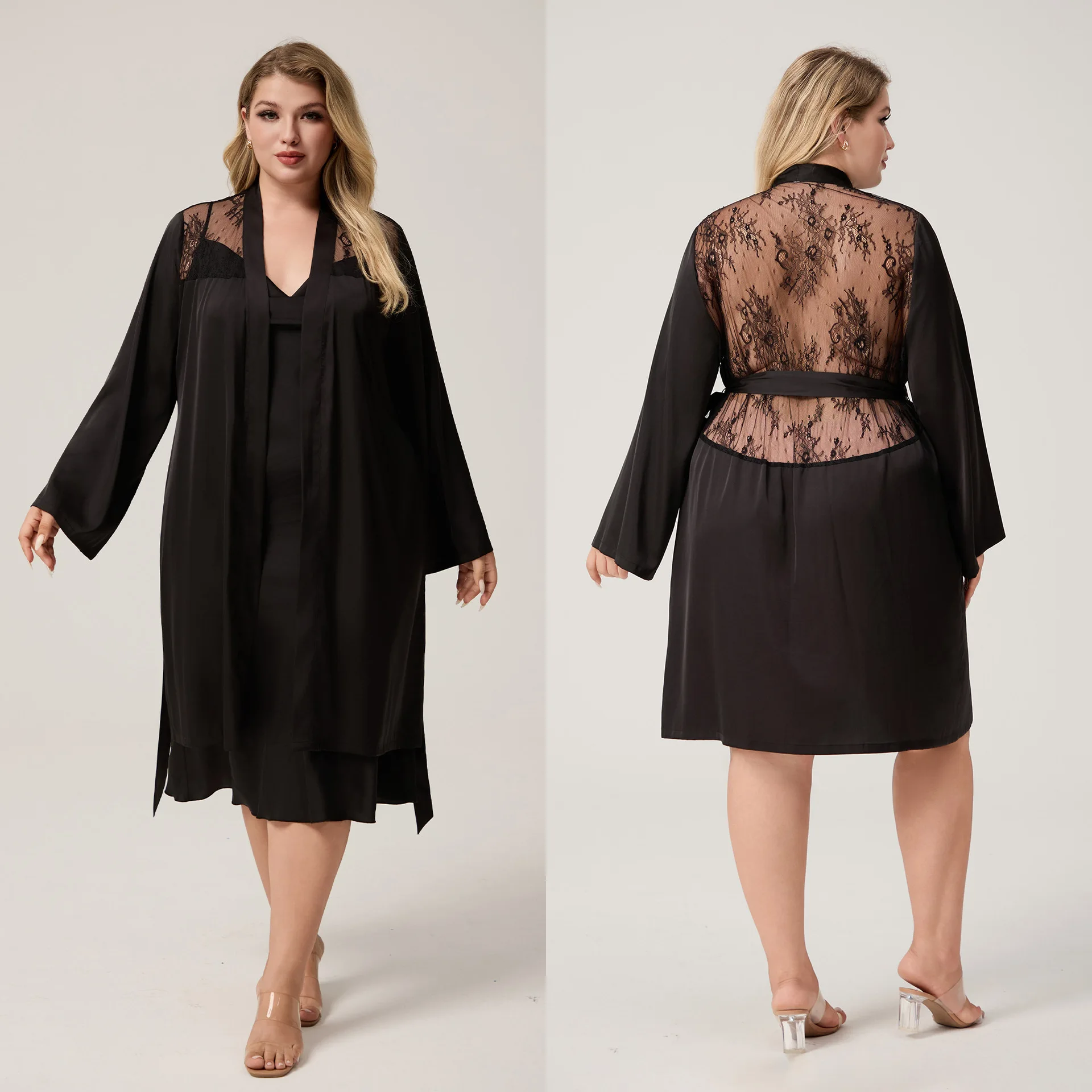 

Women's Robe Sleepwear Elegant Black Lace Patchwork Kimono Bathrobe Summer Silk Satin Loungewear