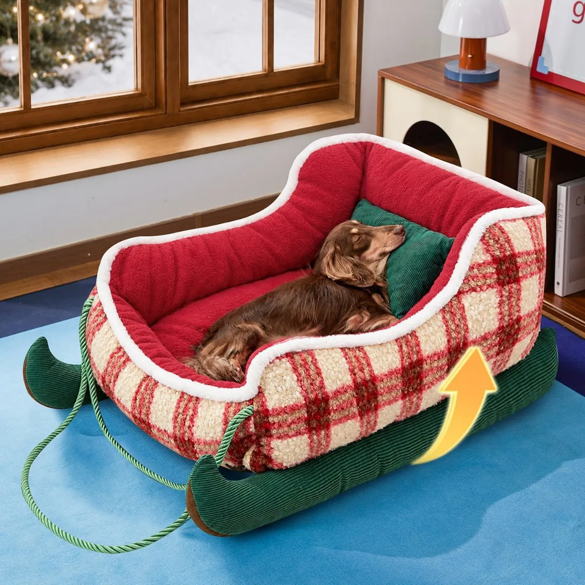 Christmas Sled Dog Bed for Small Dogs, All-Season Warm Pet House with Washable Cover - Winter Cozy Sleeping Kennel