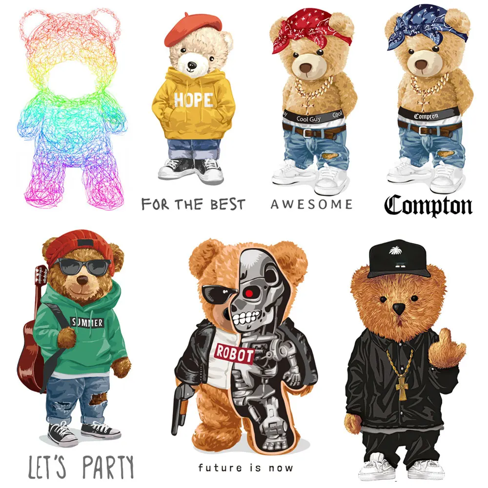 Hip Hop Rock Bear Patch Iron on Transfers for Clothing Thermoadhesive Patches on Clothes Teddy Bear Thermal Stickers on T Shirts