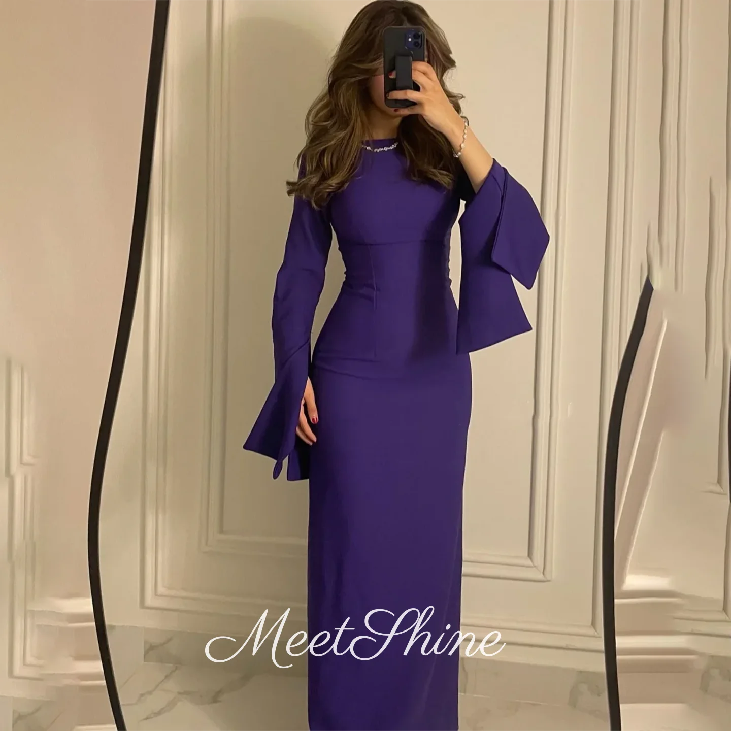 

Длинные прямые атласные платья Dubai Purple с круглым вырезом فساتين سهرة Eelgant с длинными пышными рукавами, Саудовская Аравия по индивидуальному заказу