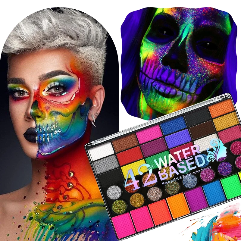 Water-Based 42 Colors Face Paint Palette Neon Fluorescent Shades with Glitter Sequins for Art, Festivals, Cosplay Makeup