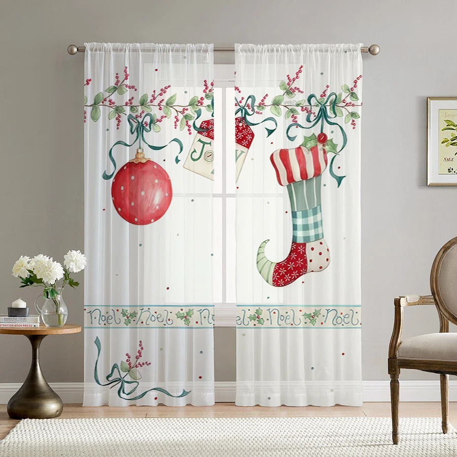 2PCS Christmas Sheer Curtains, Stocking Ornament Candy, Digital Print, Bedroom Living Room, Rod Pocket Polyester, Home Decor