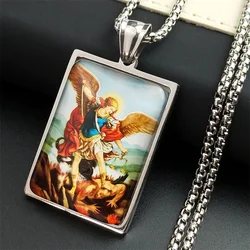 Miguel Arcanjo Archangel Michael Glass Stainless Steel Chain Necklace Men/Women Silver Color Jewelry colar masculino NBL46S03