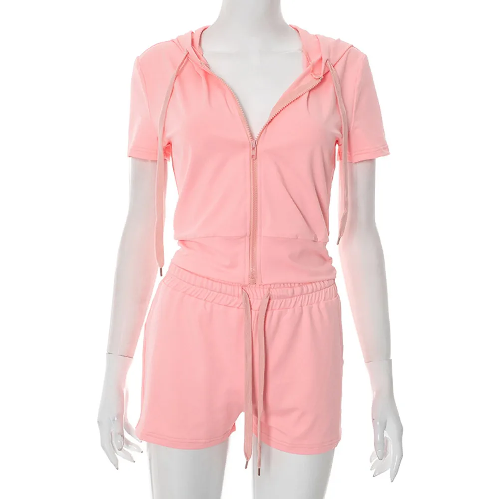 BKLD Sommerkleidung für Frauen 2025, sexy Sport, einfarbig, mit Kapuze, Reißverschluss, kurze Ärmel, Tops, enge Shorts mit Kordelzug, zweiteiliges Set