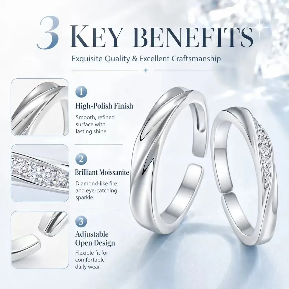 S925 Sterling Silver Moissanite Couple Rings His and Hers Matching Wave Bands Adjustable Wedding Anniversary Jewelry Gift